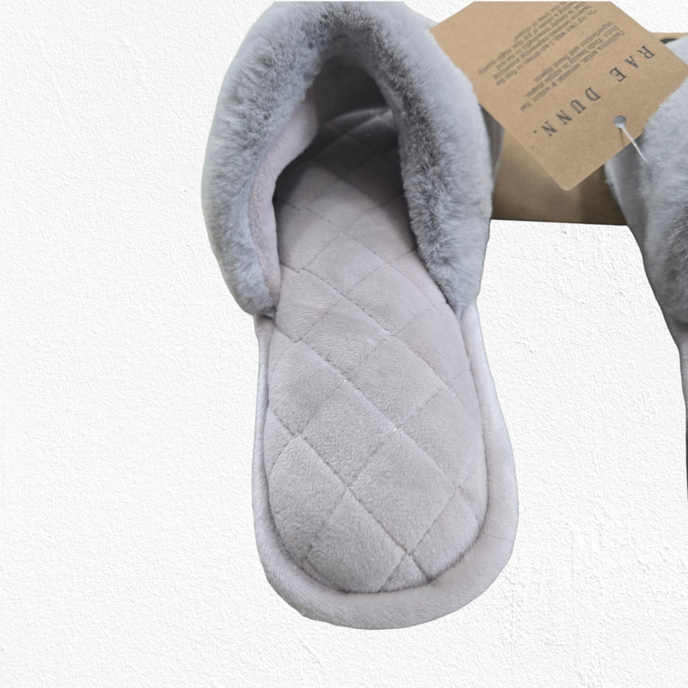 Rae Dunn Be Kind Slippers Gray Faux Fur Quilted Slide House Shoes Size Small 5-6 - Picture 3 of 11